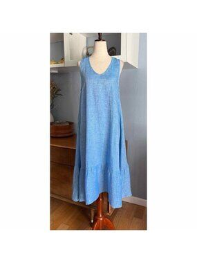 Ismeralda Italy 100% Linen Ruffle Midi Dress A-Line Blue Chevron Pattern